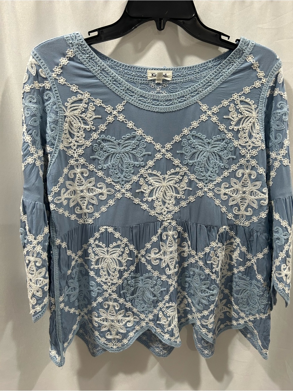 Anthropologie Kindred Light Blue intricate Embroidered Pheasant Top EUC